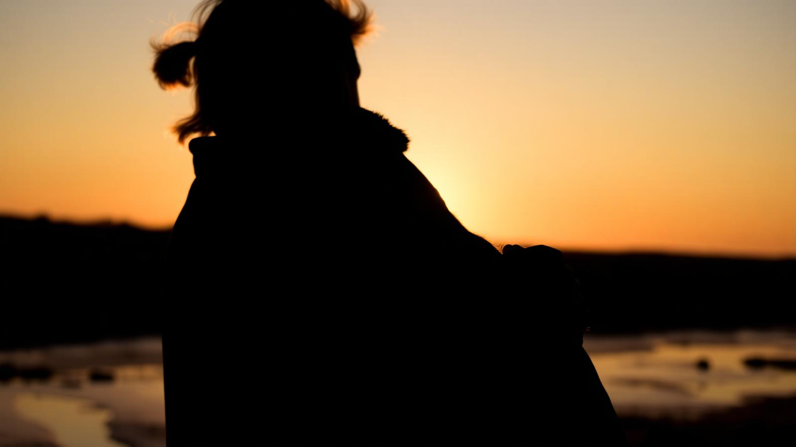 Silhueta de uma pessoa abraçando um cão ao pôr do sol