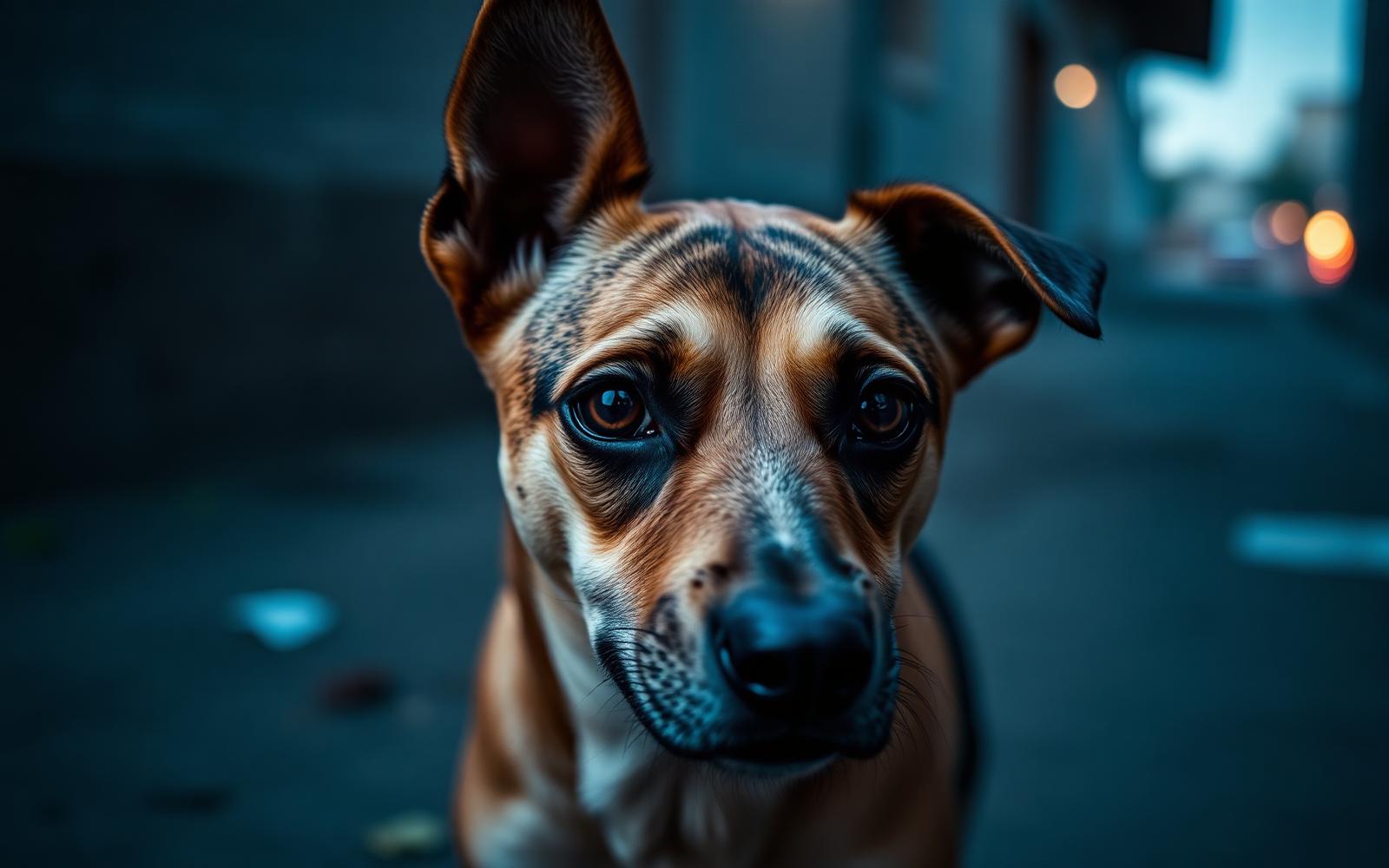 Cão abandonado com olhar de tristeza pedindo ajuda